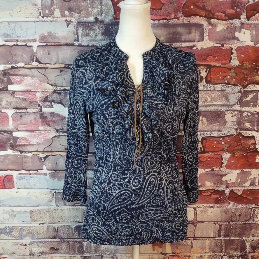 Chaps Denim Paisley Print Stretch Mesh Top